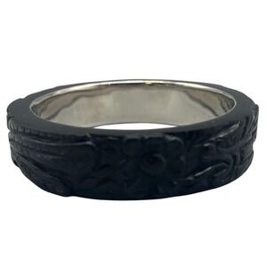 Ross Simons 925 Sterling Silver Inner Carved Black Jade Onyx Bracelet Bangle